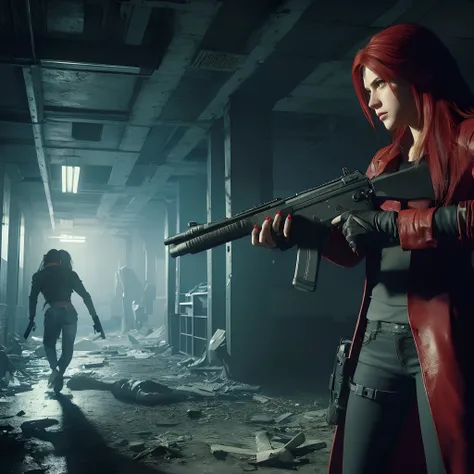 HD, Claire Redfield 40 years old, beautiful face, looking at viewer, very long red hair, perfect Face, black jeans, red long coat with black t-shirt, red nail polish, friendly face, glare, holding a gun