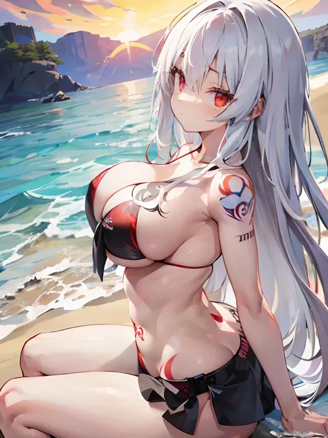 The hair is white, red eyes, bikini , Pale-bodied, massive breasts, , Tattoo on the stomach, Very detailed