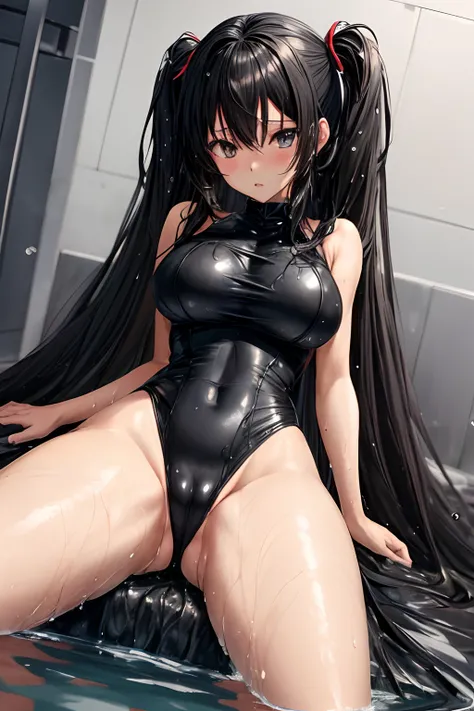 Anime girl in tight black monokini sitting, extremely large breasts, Legs in different directions, You can see everything between your legs, fold between the legs, Completely wet, anime style