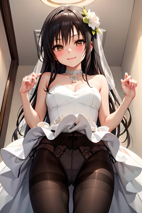 Best Quality, masutepiece, Portrait, , 1girl in, Kotegawa Yui, Black hair, Long hair, Long bangs, Brown eyes, medium udder, ((chies)), Looking at Viewer, Smile,Photo from below、((weddingdress))、((pantyhose))、((Show panties))、