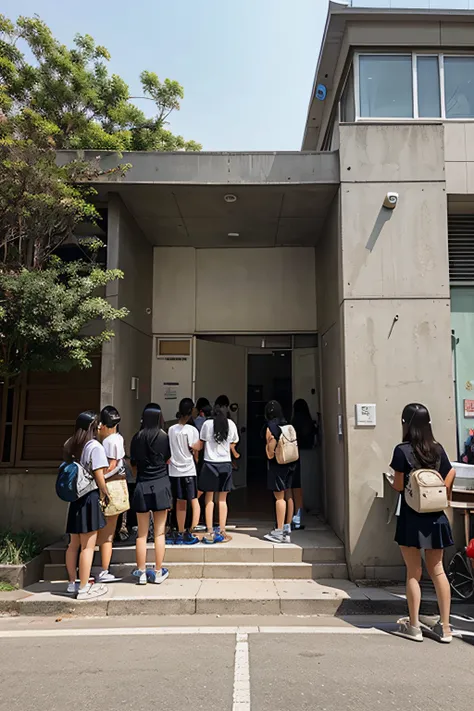 Draw a two-dimensional style，at the doorstep of a school，A group of students gathered around to look at the results list on the wall。