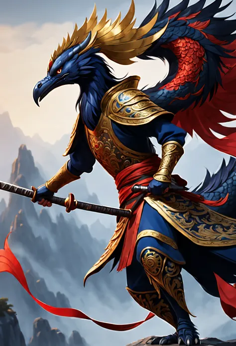 （the chivalrous mulan wears a phoenix helmet，wearing dark blue armor，wielding a long sword），（full bodyesbian），（shelmet），（wieldin...