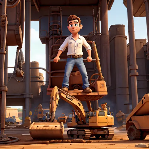 Disney pixar style 3D character in white shirt using a backhoe in a maintenance shop with heavy machinery in the background