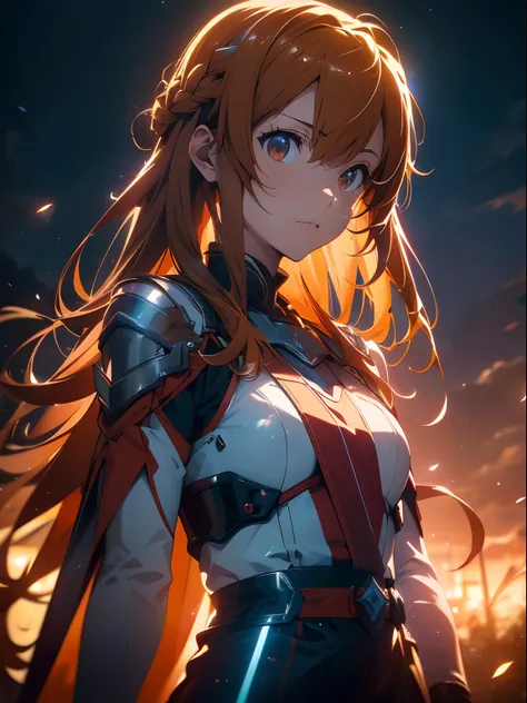 asunayuuki, orange color hair， with two glowing swords, white combat uniform, sword art online adaptation, red strokes that simu...