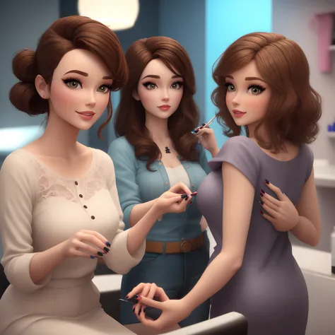 Disney Pixar style 3D character manicure with brown hair and nail polish in hand background a beauty salon