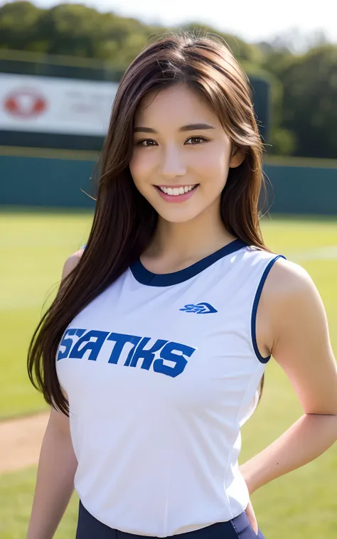 (top-quality、8K、tmasterpiece:1.3)、Beautiful Women in Perfect Figure:1.4、Dark brown hair、wearing a baseball hat、wearing a swimming wear、At the baseball field、extremely detailed face and skin、A detailed eye、huge tit、A smile、Sakushin Gakuin uniform