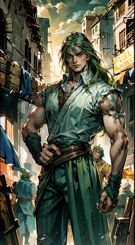 A young man, long orange-green hair, with the lengthy hair bangs covering most of his face, a fierce gaze, a wild smile, a red stripe on the side of his face, a loose and simple sleeveless dark vest, exposing his sturdy muscles, wearing fabric wrist guards...