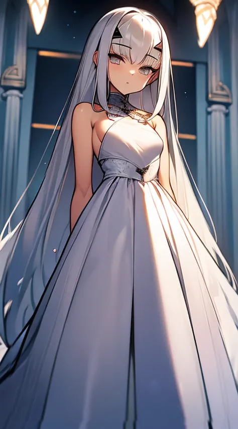 White-haired woman,Beautiful purple eyes,White silk dress,Beautiful dress, It covers all vital organs except the face.............., Wear a knee-length white dress...............,The arm does not reach the top of the hip...............,The arms are small.....