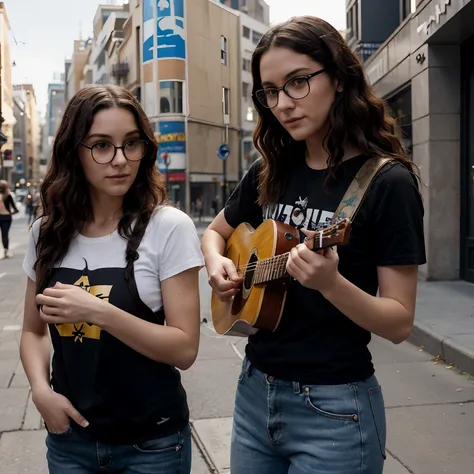 Criar personagem Disney/Pixar of a 35-year-old man with shaved hair wearing a black T-shirt and playing Lespaul guitar next to a 25-year-old woman in step-glasses with long, wavy hair on a city street with many buildings