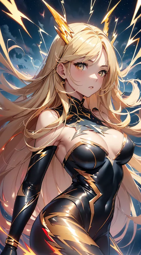 top-quality、Top image quality、​masterpiece、girl with((18year old、Best Bust、big bast、Bust 85,beautiful golden eyes、Breasts wide open,Blonde long hair、A slender、Large valleys、Gold Bodysuit,Reflecting the whole body、Open your arms、Gold ring on wrist、Shoot lig...