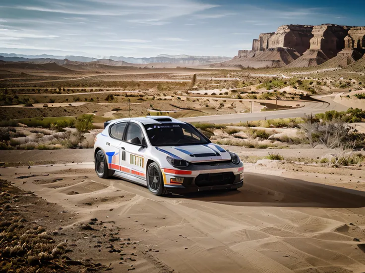 1 car, rally car, fast car, desert, liveries, ultra sharp image, high definition, cinematic lighting, high resolution, high quality, 8k, neoprene, ultra sharp focus