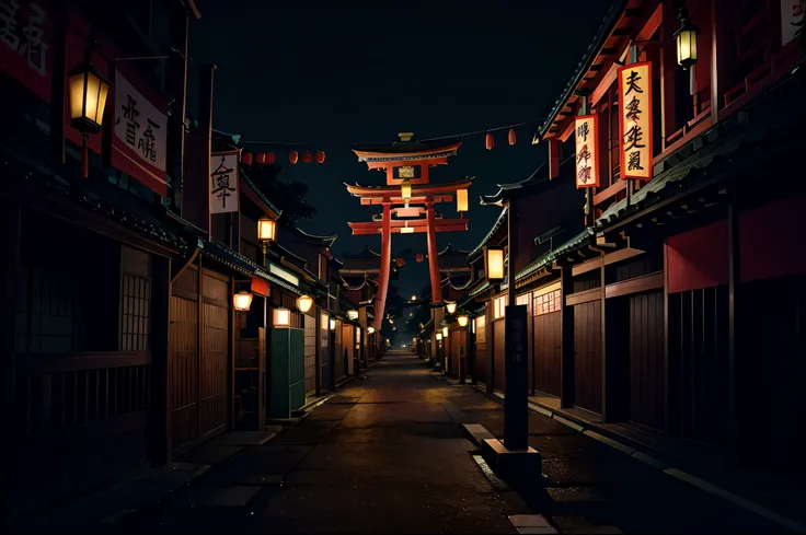 nighttime shot of a street with a clock and a pagoda in the background, in a chinese town at night, chinese at night, chinese in...