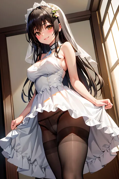 Best Quality, masutepiece, Portrait, , 1girl in, Kotegawa Yui, Black hair, Long hair, Long bangs, Brown eyes, medium udder, ((chies)), Looking at Viewer, Smile,Photo from below、((weddingdress))、((pantyhose))、((Show panties))、