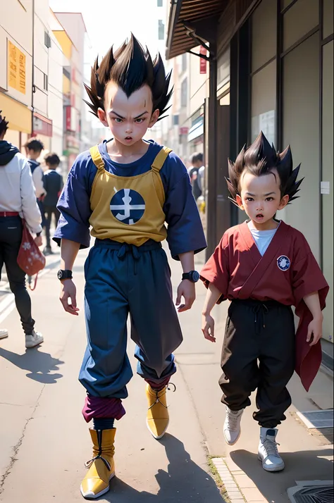 A 9-year boy looks like Vegeta from DragonBall. Japanese illustration style.