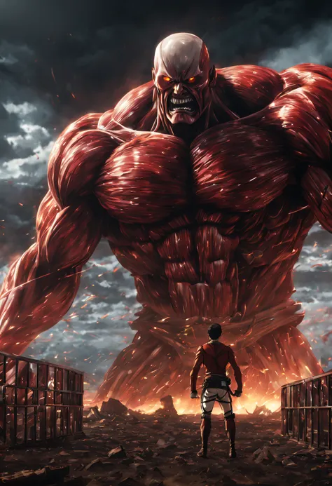 masterpiece, cinematic scene, award winning, Attack on titan, Historia versus Colossal Titan, Volumetric lighting, Studio Wit anime style, (epic composition, epic proportion), HD