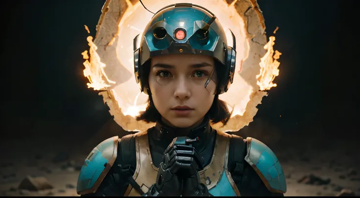 A Robot Girl with Rocketeer and helmet, tongs in hands, Tv head, pinhead, Black and Yellow Pink Cyan Rusty, Ambient in a meteorite crater super detailed, center, beautiful, soft lighting, focused on the character, 4K resolution, photorealistic rendering.