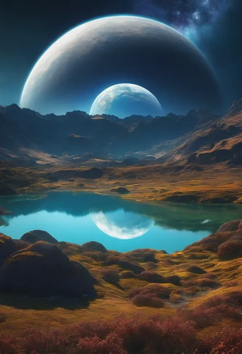 Utopian world, Awesome bright colors, ighly detailed, The perfect world, Reflective surfaces, Subsurface Dispersion, Beyond imagination, in 8K, wide angles、 World of Dreams、Sci-fi world、kosmos、planetes、a moon