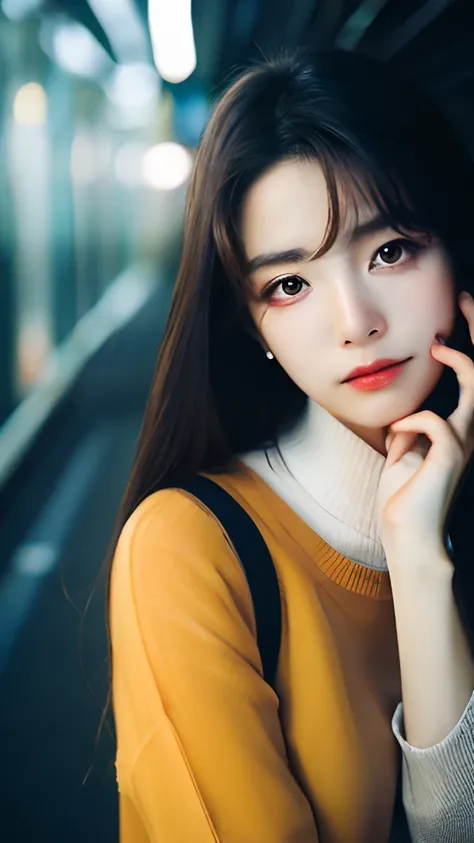 Cinematic Photo of a beautiful korean fashion model bokeh train