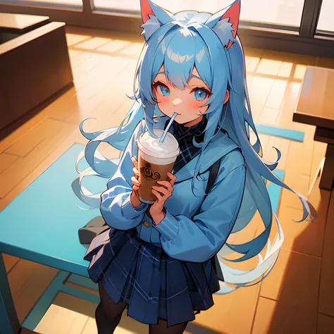 Light blue long-haired。Cats ears。Im in a café。Im holding a straw。Looking from above。turtle neck。Plaid skirt。tights。Cute