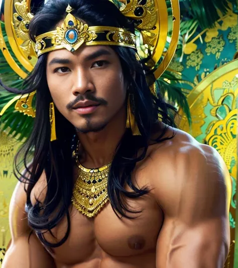 masuter piece、well built、jefri nichol a javanese Male、Age 15、Hot Guy、lite moustache, muscular、macho、wearing majapahit kingdom costume, gold head band, gold shoulder band, gold necklace, gold crown, hair bund,  long-haired、Fade Cut、bodybuilder, Large body、l...