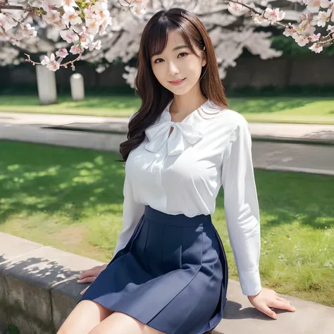 ((1人の女性,japanese beautiful woman,40 years,Introducing Japans most beautiful face in detail,A detailed face,Accurate face)),((((Formal white blouse with classy ribbon,Elegant white blouse,Navy Suit Jacket,Navy jacket,Navy Formal Flare Skirt,Navy Midi Flared...