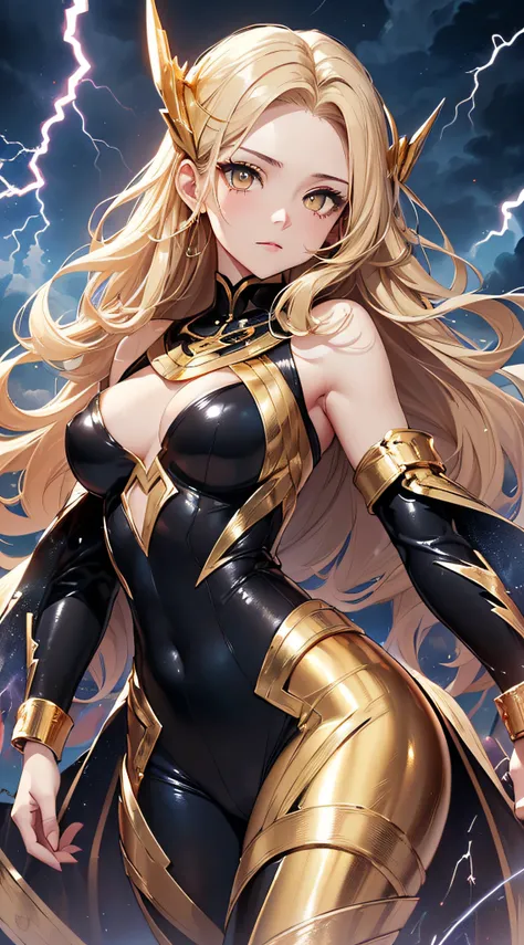 top-quality、Top image quality、​masterpiece、girl with((18year old、Best Bust、big bast、Bust 85,beautiful golden eyes、Breasts wide open,Blonde long hair、A slender、Large valleys、Gold Bodysuit,Reflecting the whole body、Open your arms、Gold ring on wrist、Shoot lig...