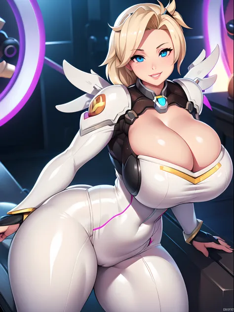 Overwatch, Mercy, 1 girl, ((bimbo))), long blond hair, blue eyes, thick lips, erotic smile face, wide hips, thick thighs, thick, huge breast, huge round ass, oily shiny skin, white suit, cleavage, legs posing,