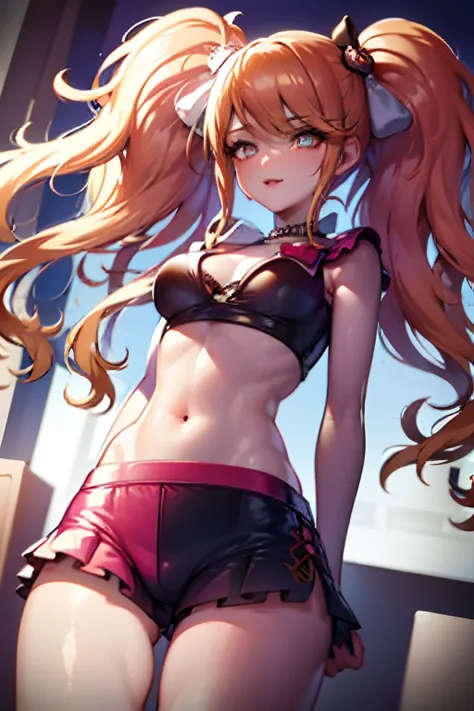 vibrant eye, prism colors, vibrant colors, gradient hair, 1girl, exhibitionism, ((colorful, lacy micro shorts, underboob)), medium breast, white background, realistic, award winning photo, ((frills)), idol, ((Realistic skin texture)), frills head gears,...