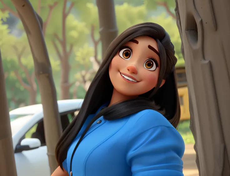 Uma mulher morena com cabelo castanho, de olhos castanho claro, feliz, estilo Disney pixar, alta qualidade, melhor qualidade