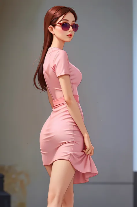 araffe woman in a pink dress and sunglasses walking down a street, tight dress, wearing tight simple clothes, minimal bodycon feminine costume, feminine slim figure, skintight dress, woman in dress, korean womens fashion model, simple dress, posed in profi...