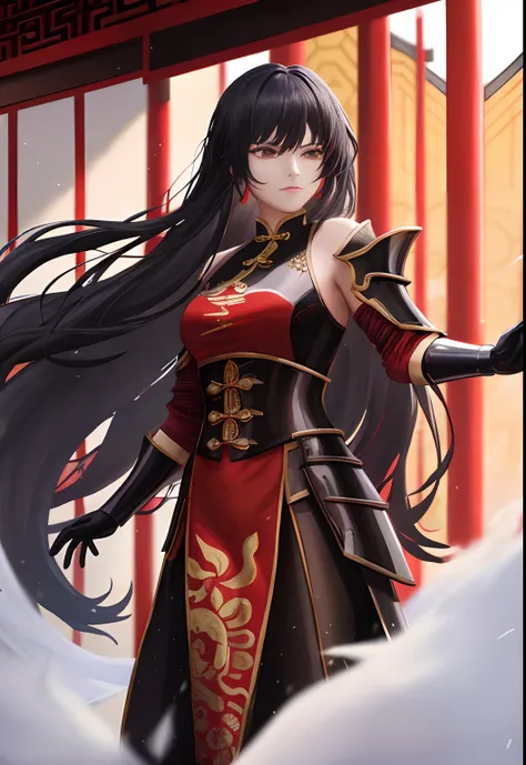 A woman，is dressed in armor，Long black hair，Red robe，He wears long white gloves on his elbows，Chinese Ancient Architecture，