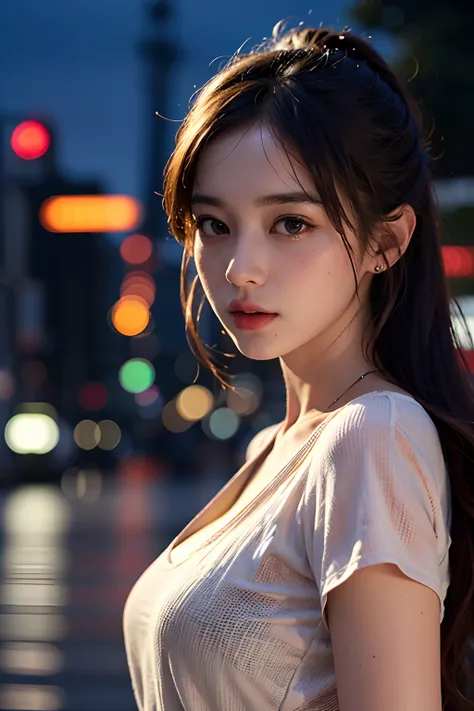 1girl, Tokyo street,night, cityscape,city lights, upper body,close-up, 8k, RAW photo, best quality, masterpiece,realistic, photo-realistic,