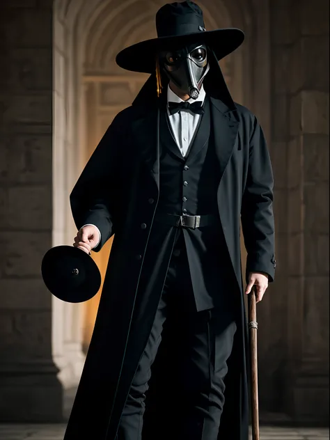 A tall man in a black Tuxedo with a black long coat, a plague doctor mask a black hat and wielding a spear