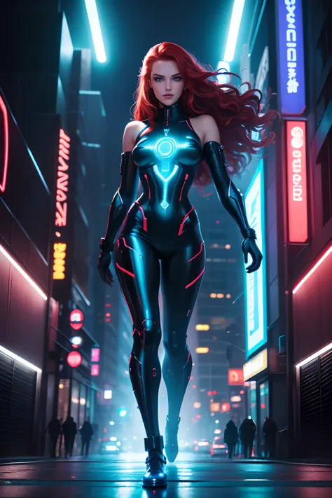 Full-body portrait photography, Vibrant blue eyes, Luxurious wavy bright red hair, Enchanting smile, Exquisite facial details, Futuristic neon cyberpunk scene, Glowing cityscape, Holographic signage, Dazzling lights, Metallic surfaces, Urban grit, Sleek, s...