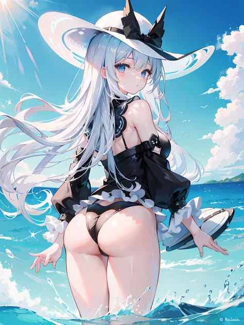 anime girl with long white hair and a hat standing in the water, fine details, in a black swimsuit, small breasts, big ass, blue sky, looking from behind, ultrasharp, masterpiece, high res, 8k