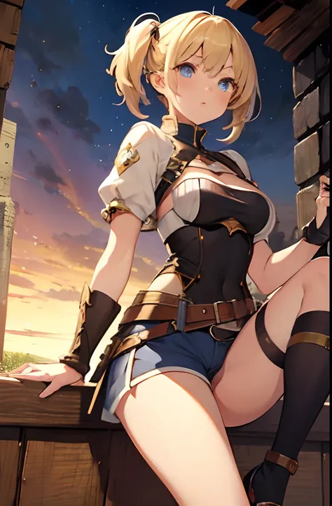 1girl, hotpants, blonde hair and blue eyes, short hair, twin tail, Small breasts, medieval times, adventurer, heroic fantasy, leg up