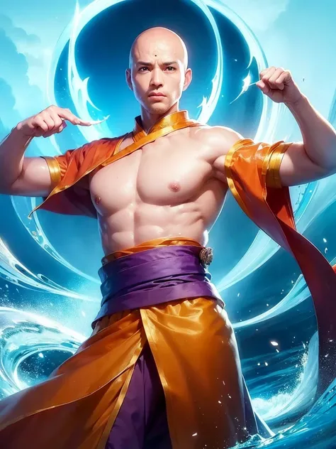 Handsome Shaolin monk、(((1 juvenile，bald-headed，buddhist monk，full bodyesbian，tear-mole:)))full bodyesbian，Sharp eyes，Clear facial features，Angular，dressed white hanfu，Chinese Kung Fu，Powerful dynamic posture，The body is surrounded by purple mist，Runes sur...