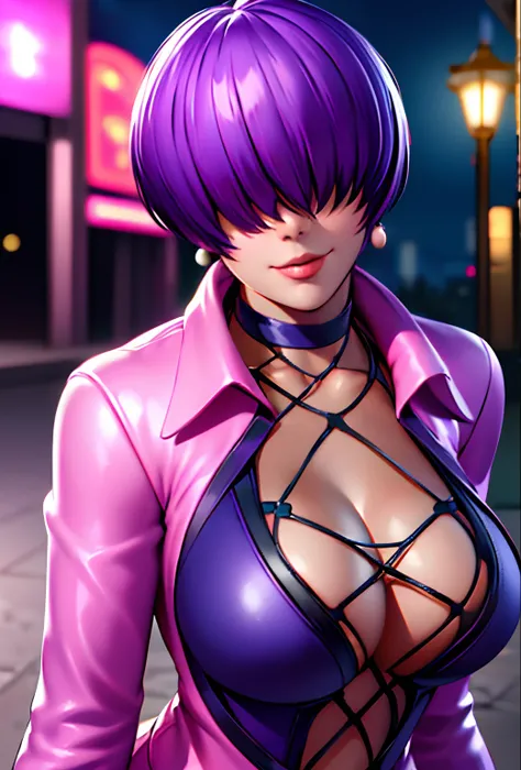 (Night),In a video game scene with neon backgrounds and neon lights,
Standingatattention,
Pink outfit,Pink jacket,choker necklace, cleavage cutout, clothing cutout, 
Earrings,
 Purple hair,bangs,((Hair over eyes)),
1 girl, 20yr old,younger female,Beautiful...