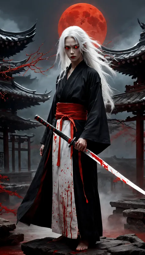 Terrible martial arts,Holding a menacing sword,Dressed in black tattered robes,Long white hair,luminous red eyes,Intimidating presence,((Blood splattered)),Dark and mysterious,Twisted branches,The mist rolled in,Moonlight illuminated the scene,dark palette...