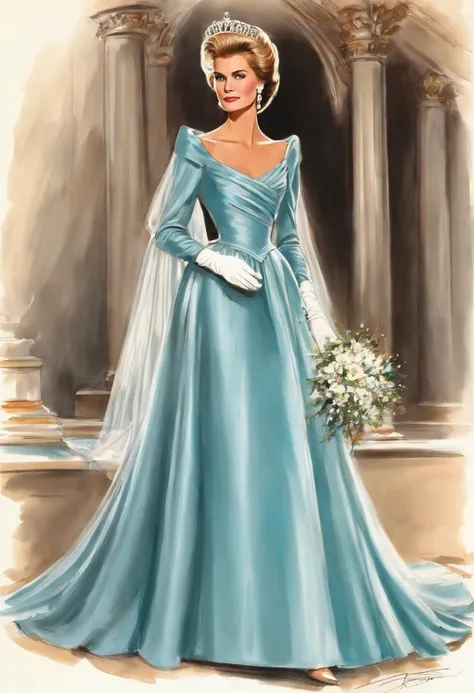 1980s style, Design sketch, Princess Graces royal wedding dress updated for the late 1980s with a Cinderella aesthetic, influenced by Princess Dianas and Sarah Fergusons wedding dresses