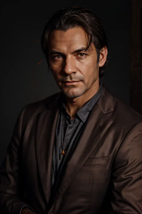 Portrait of a man, demon, person, gray hairs, sly look, Dark red background, Light Behind You, suit jacket, gold ring.