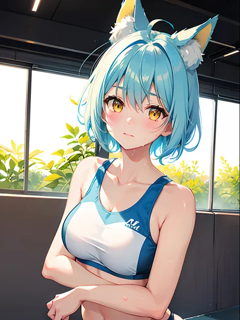 1girl in, fox ear,  light blue short hair,bangs pinned back,Ahoge,Colored inner hair, yellow eyes,Cute, blush, medium breast, running, white sports bra, morning, park, sweat