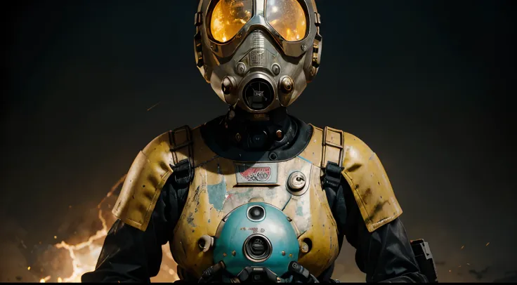 A Robot Girl with Rocketeer and helmet gas mask, tongs in hands, Tv head, pinhead, Black and Yellow Pink Cyan Rusty, Ambient in a meteorite crater super detailed, center, beautiful, soft lighting, focused on the character, 4K resolution, photorealistic ren...