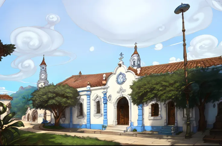 There is a blue and white building with a blue and white design on it, prefeitura, bispo do rosario, old building, Neoclassical Police Station, igreja, city of Armenia Quindio, delegacia, vista externa, historical setting, muito ornamentado, vista exterior...