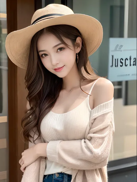 best qualtiy，tmasterpiece，超A high resolution，RAW photogr，Loose perm hair、japanes、Loose perm hair、long、Brown hair、smil、arms in arms、professional photograpy、Same skin type as humans、Female proofreading of Japan from head to foot、Blur the background、Draws fai...