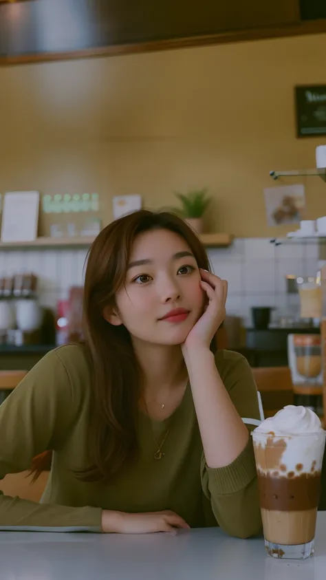 8k, hd, masterpiece, there is a woman sitting at a table with a drink in front of her, sitting in a cafe, chubby girl, low quality photograph, profile picture, sitting on a mocha-colored table, taken in the early 2020s, in a coffee shop, grainy low quality...