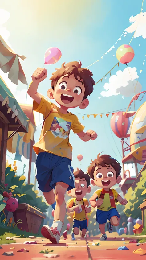 Two running boys, amusement park, holding balloons, happy, happy, perfect quality, clear focus (clutter - home: 0.8), (masterpiece: 1.2) (Realistic: 1.2) (Bokeh) (Best quality) (Detailed skin: 1.3) (Intricate details) (8K) (Detail Eyes) (Sharp Focus), (Hap...