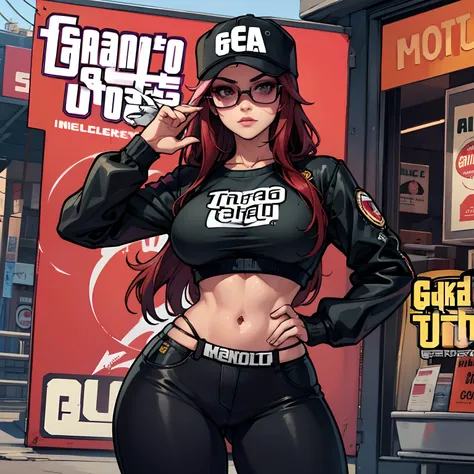 una chica, black cap, Gafas de sol, fondo (GTA V), Tight pants, hermoso cuerpo, Talla 80 pechos, cabello largo rosa, cabello rosa