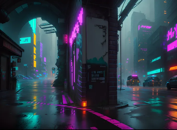 There is a photo of a city street, On which cars pass, City + Graffiti background, Left side of the image in shadow, gloom, Gothic atmosphere, Lanterns are on, Linear Lighting, Cinematic neon matte painting, Urban concept art, hyper realistic cyberpunk cit...