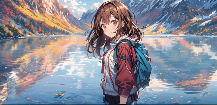 masterpiece, concept art, a woman standing in front of a lake with mountains in the background, pixiv contest winner, anime moe artstyle, train with maroon, walking toward you, blu ray cover usa, mountains of ice cream, girl with brown hair, aesthetic ”, c...